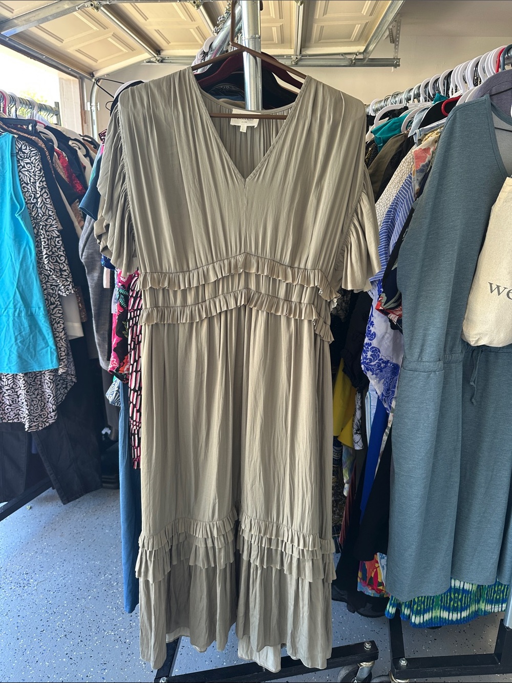 bohme Taupe Ruffled V-Neck Maxi Dress